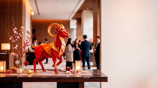 Chinese zodiac goat decoration for Lunar New Year. Red and gold origami ram sculpture with festive blossoms at an elegant Asian celebration event with copy space.