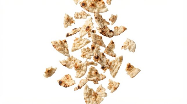 Pieces of flatbread falling against dark background