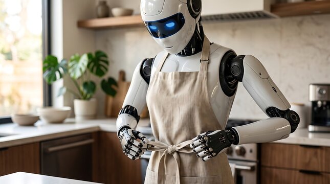 A humanoid robot wearing an apron ties it in a modern kitchen, showcasing advanced domestic automation.