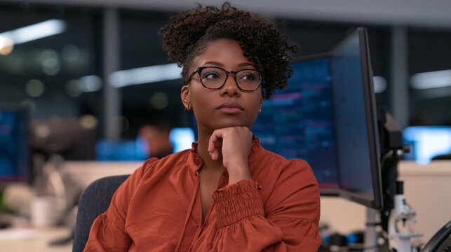 Focused Programmer: A thoughtful young woman with glasses, an afro, and an orange top, sits in an office, resting her chin on her hand, looking at computer monitors.