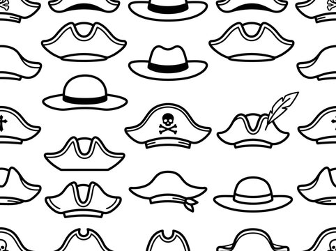 Seamless Pirate Hat Vector Pattern: Nautical Headwear Line Art Background