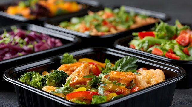 Freshly prepared healthy meal containers filled with colorful vegetables and protein  arranged neatly for convenient eating
