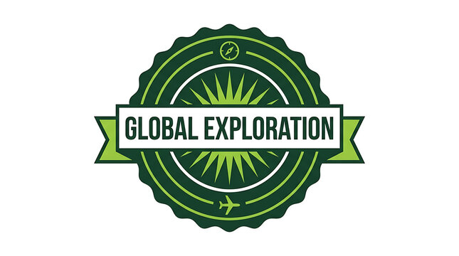 Global Exploration travel badge emblem with compass and airplane icon design