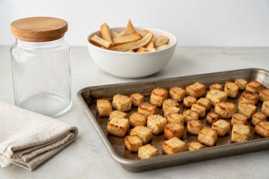 Bread ends transformed into golden homemade croutons beside a plain storage jar for affordable meal planning and grocery savings content
