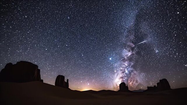 Epic Milky Way galaxy arc over silhouetted desert rock formations at night, breathtaking starry sky