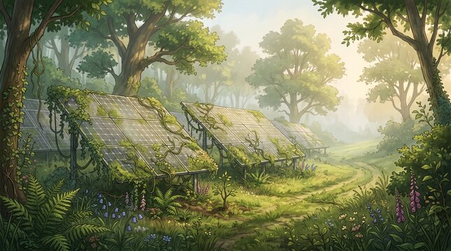 Abandoned solar panels covered in vines in a sunlit forest