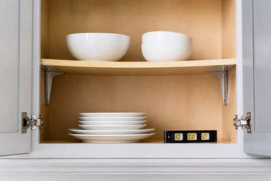 Kitchen cabinet shelf reinforced with discreet brackets, fasteners and a small level for practical home repair and improvement content