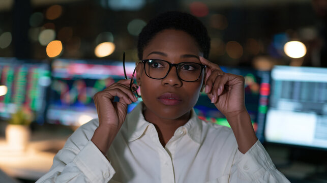 Focused Trader at Work: A sharp, intelligent woman with glasses concentrates intensely on multiple stock market tickers displayed on screens in a dimly lit office.