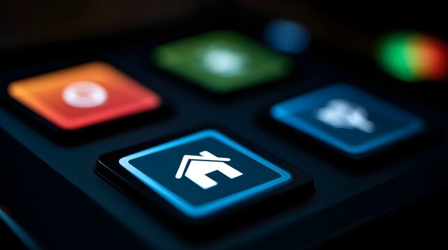Close up of glowing app icons on a dark digital interface showing home symbol and other colorful buttons