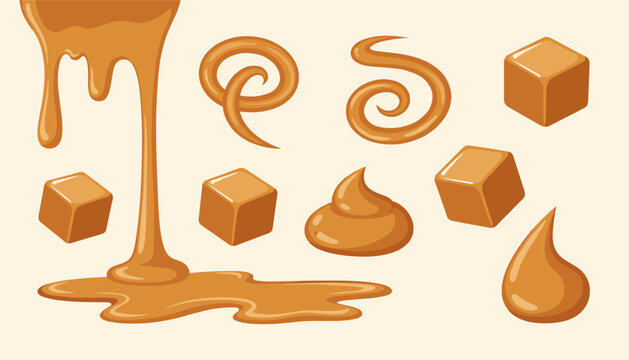 Set of sweet caramel illustrations including dripping syrup, hard candy cubes, a caramel swirl, and dollops of sauce.
