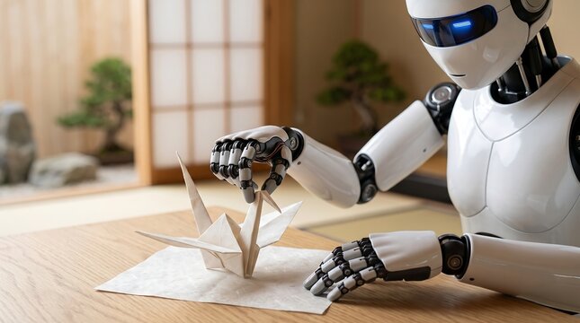 A humanoid robot meticulously folds origami paper, creating a delicate crane in a serene, traditional Japanese room.