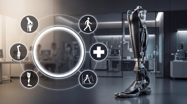 Advanced bionic prosthetic leg with medical interface icons with laboratory digital interface carbon fiber prosthetic