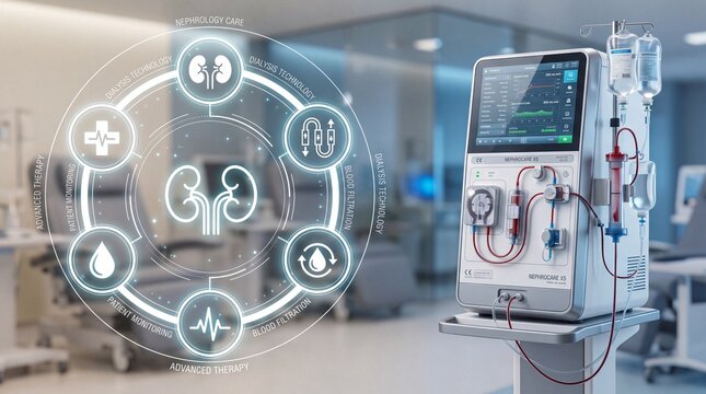 Medical dialysis machine in hospital room with digital interface with displays modern dialysis machine clinical setting