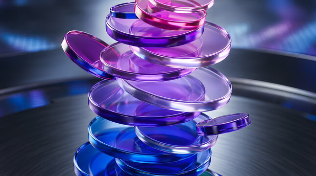 Floating stack of vibrant purple and blue transparent circular glass discs for modern technology presentation themes.