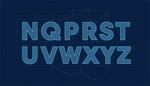 Engineering blueprint style font displaying letters from N to Z with a hand-drawn sketch texture on a blue grid background.