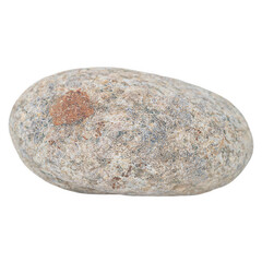 Fototapeta premium Gray round natural river granite stone of oval shape with heterogeneous composition, spotted inclusions of red, white, black and with a brown spot isolated on transparent background with clipped path
