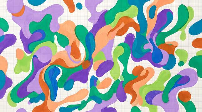 Playful liquid shape pattern with overlapping organic blobs on grid paper background for creative web design assets.
