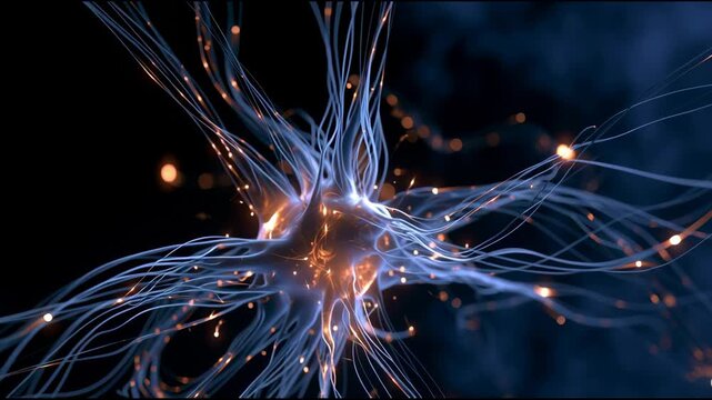 A luminous AI core reaches out with glowing tendrils in a dark environment. The tendrils extend and connect, showing energy flow.