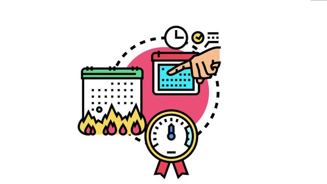 Hand pointing at a calendar planning schedule, another calendar burning indicating urgency, showcasing project deadline management, important task planning, and time pressure for development