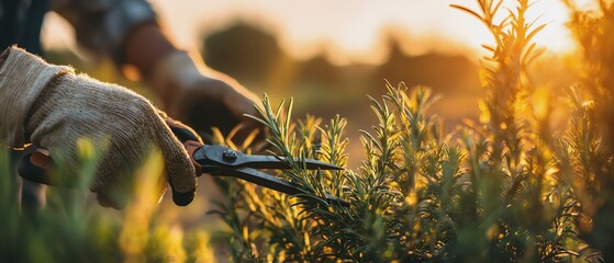 Fototapeta premium Gardener pruning plants during golden hour.