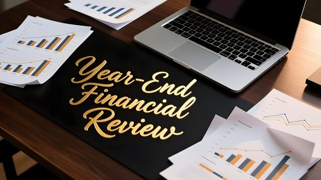 Year-End Financial Review text on office desk, business report with charts and laptop, corporate accounting and annual analysis workspace