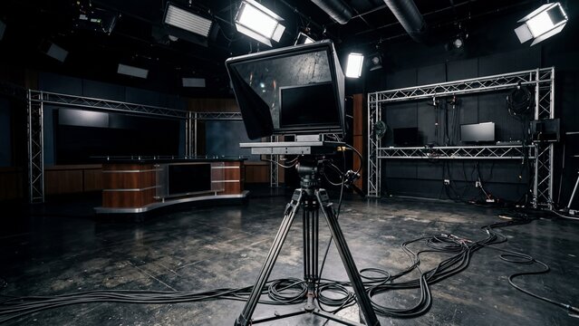 Professional TV News Studio with Camera and Lighting Equipment