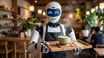 Fototapeta premium A friendly robot barista serves a steaming bowl of matcha tea on a wooden tray in a modern cafe.
