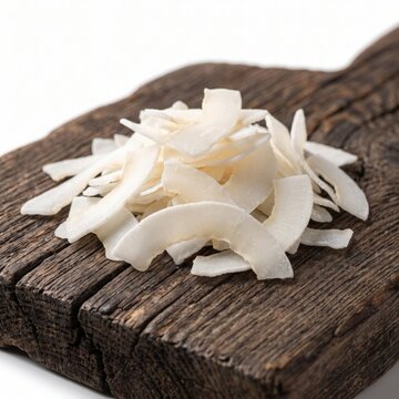 Pile of raw organic coconut chips on a rustic wooden cutting board isolated on white background