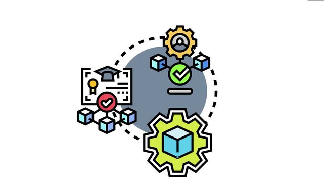 Software development team verifying application build with gears, code blocks, and a certificate representing successful deployment or validation stages