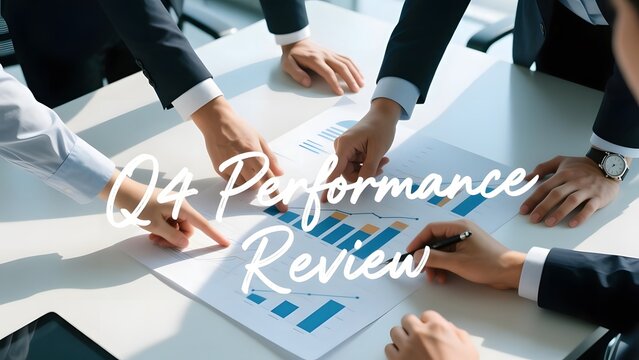 Q4 Performance Review meeting with business team. Corporate professionals analyzing financial charts and data reports in a modern office.