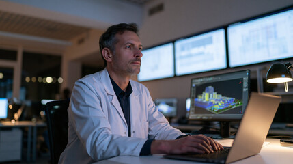 Fototapeta premium Focused Engineer at Work: A determined engineer in a lab coat works late into the night, his gaze fixed on the computer screen displaying complex 3D models.
