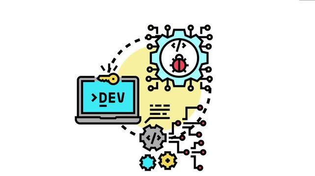 Application development environment the process of coding, debugging, and testing software with a laptop, gears, and a connecting network for efficient program creation
