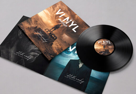 Music Vinyl Record Album Cover Mockup with Sleeve and Disc