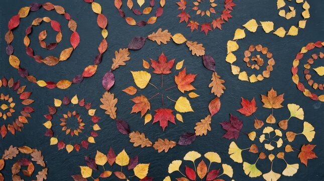 Decorative circular and spiral designs made from autumn leaves on dark background