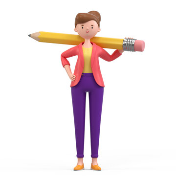 A woman holds a giant pencil
