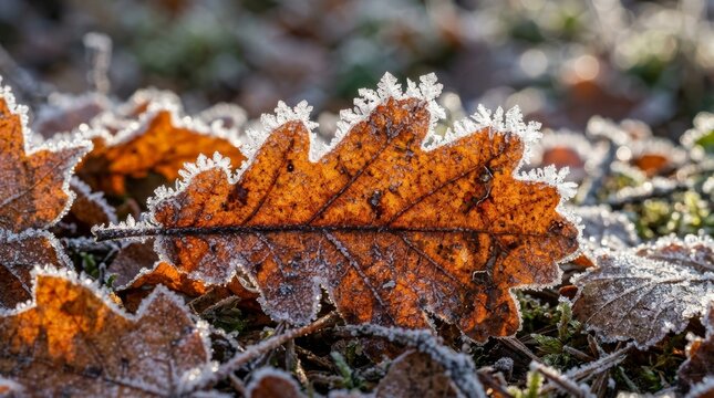 Closeup of frost edged oak leaf in warm sunlight with icy crystals on edges