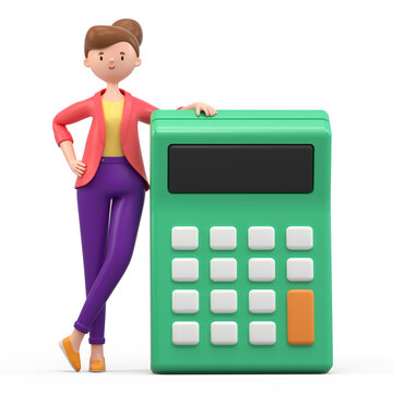 A woman leans on a large calculator