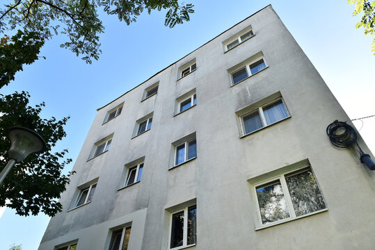 Perspective view of flat of blocks from Communist period, worn out concrete buildings in Eastern Europe