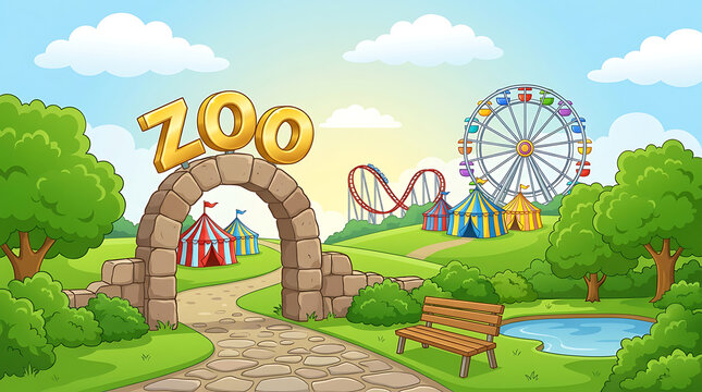 Cartoon landscape featuring golden letters spelling ZOO on a stone arch with amusement rides