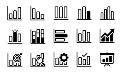 Obraz premium Axis Bar Chart Icon Set. growth, target, search, presentation, settings, analytics, arrow, report, graph, checkmark icons