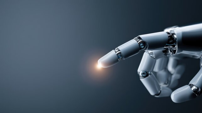 A robotic hand's finger reaching out and touching a small point of light, signifying interaction with technology. The metallic fingers and thumb are clearly visible against a dark.