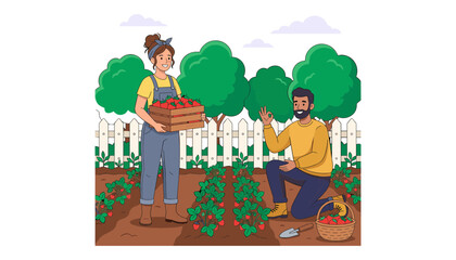 Fototapeta premium Happy couple harvesting fresh red strawberries in garden vector illustration with farm workers crate basket plants fence trees