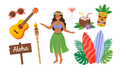 Hawaiian luau party elements collection with hula dancer ukulele surfboard aloha sign tiki mask and cocktails vector illustration © moinul