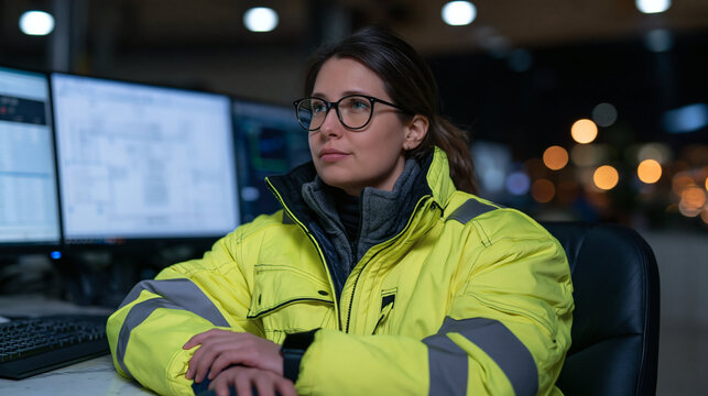 Focused Operator at Work: A female industrial worker wearing a high-visibility jacket and glasses, intently observing data on multiple computer screens in a control room setting.