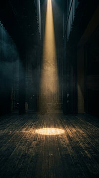 A dramatic single spotlight beam shining down onto an empty wooden theater stage.