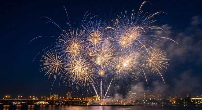 Stunning golden fireworks display illuminating the night sky over a city riverfront.