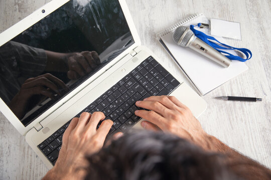 Journalist working in office. Technology. Work