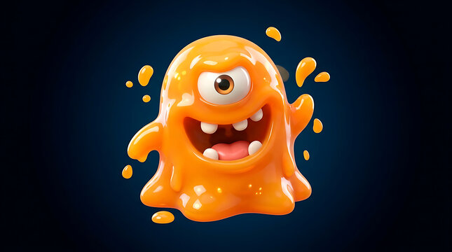Vibrant orange goo monster illustration with playful one-eyed design and whimsical dripping texture