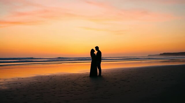 Silhouettes of two adults standing close on beach at sunset, facing each other in intimate profile beside calm ocean, glowing sky, reflective wet sand, and distant coastline