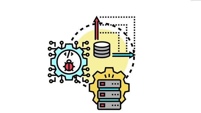 Application logging and observability displaying data flow from software development debugging, through data storage and analysis, to server monitoring, ensuring system health